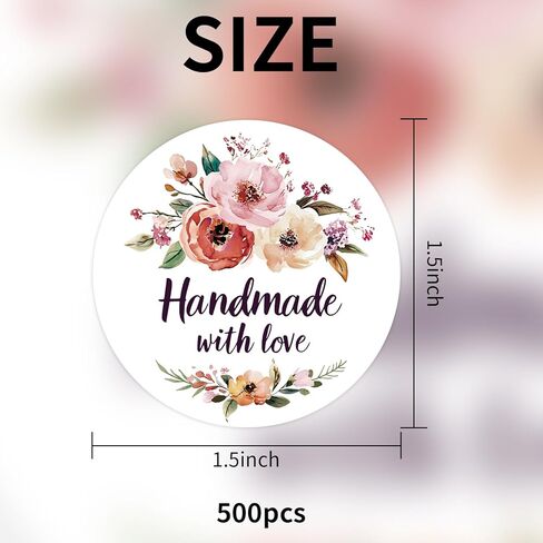 Floral Handmade with Love Stickers Roll, 1.5 inch 500 PCS Flower Homemade with Love Stickers for Handmade Baked Goods, Crafts, Gifts Package, Small Businesses in Saudi Arabia