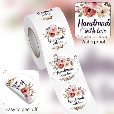 Floral Handmade with Love Stickers Roll, 1.5 inch 500 PCS Flower Homemade with Love Stickers for Handmade Baked Goods, Crafts, Gifts Package, Small Businesses in Saudi Arabia