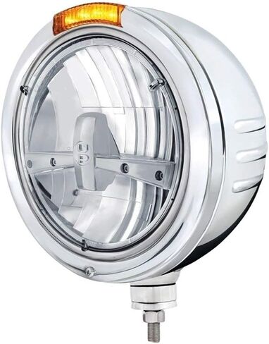 United Pacific 32746 Headlight Embossed Stripe, 5 Led, Rh/Lh, 7", Round, Polished Housing, Bullet Style Bezel, with Amber Led Dual Mode Light (Amber Lens) in Kuwait