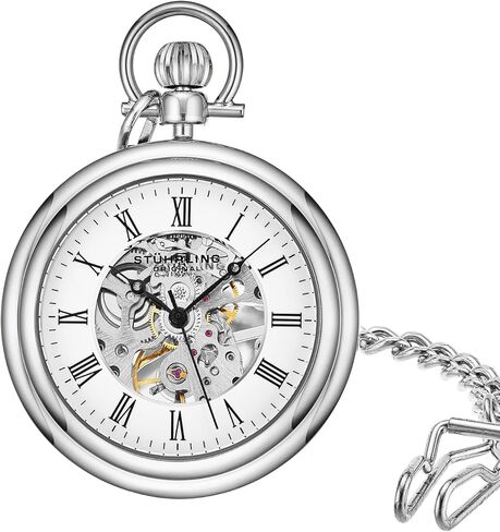 Stuhrling Original Men's Pocket Watch Stainless Steel Analog Skeleton Watch Hand Wind Mechanical Movement Stainless Steel Chain in Saudi Arabia