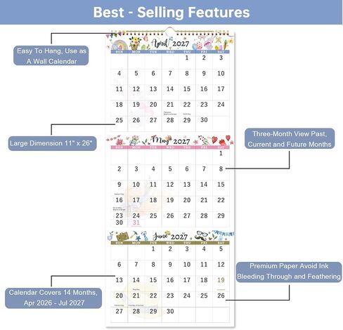 Calendar 2026-2027 - 3-Month Wall Calendar 2026-2027 Vertical Display (Folded in a Month), May 2026 - June 2027, 11" x 26" in Saudi Arabia