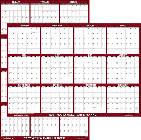 24" x 36" SwiftGlimpse 2027 Wall Calendar Erasable Large Wet & Dry Erase Laminated 12 Month Annual Yearly Wall Planner, Reversible, Horizontal/Vertical, Maroon in Kuwait