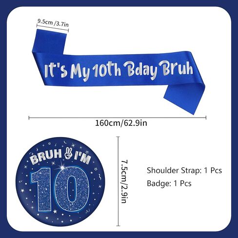 10th Birthday Decorations Gift Boy - 2 Pcs It's My 10th Bday Bruh Sash Bruh I'm 10 Pin Badge Blue Silver Party Supplies Gift for Boys 10 Year Old Birthday Party Decor Accessories in Saudi Arabia