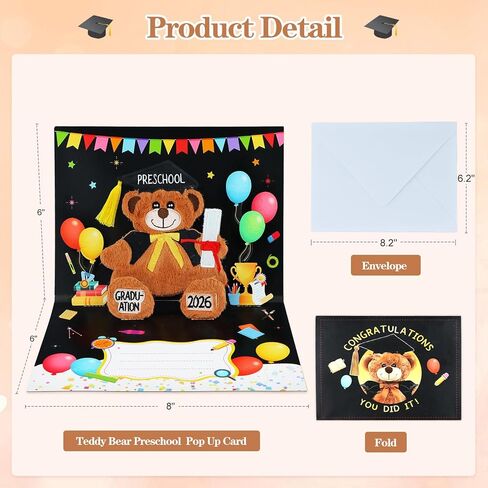 D4DREAM Preschool Graduation Pop Up Card - 2026 Black Teddy Bear Grad Card Preschool Graduation Gifts for Kids Son Daughter with Envelope in Kuwait
