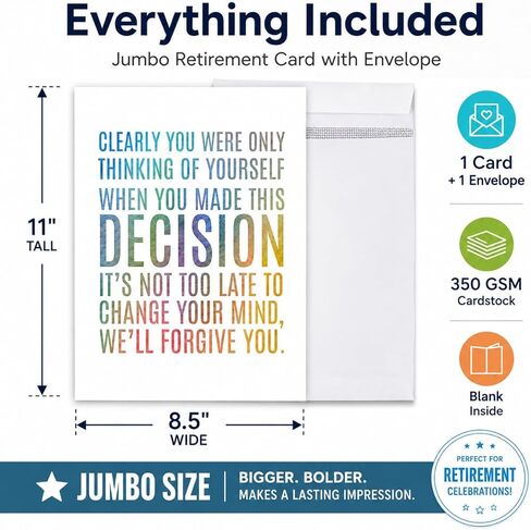 Andaz Press Funny Jumbo Retirement Card With Envelope 8.5 x 11 inch, Clearly You Were Only Thinking Of Yourself, 1-Pack, Includes Envelope Goodbye Cards For Coworker Coworker Leaving Card in Kuwait