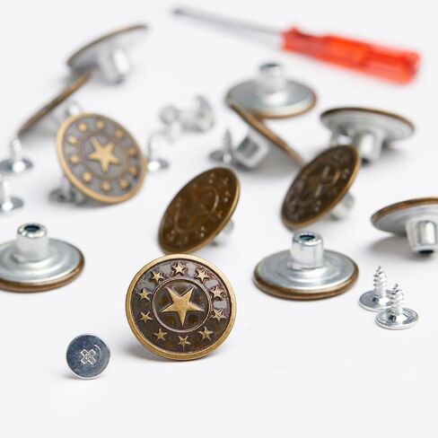 20mm No Sewing Jeans Buttons Replacement Kit with Metal Base,12 Sets Nailess Removable Metal Buttons Replacement Repair Combo Thread Rivets and Screwdrivers(N1) in Saudi Arabia