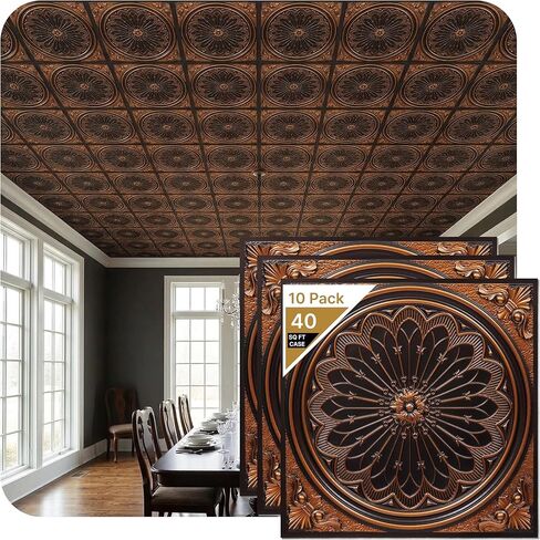 238ag-24x24-25 Rose Window PVC 2' x 2' Lay-in or Glue-up Ceiling Tile, Pack of 25, Antique Gold, 25 Piece in Saudi Arabia