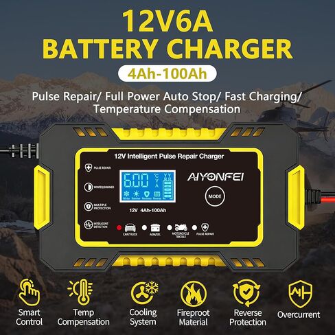 6A Battery Charger 12V Smart Battery Maintainer Trickle Charger and Car Battery Desulfator with Temperature Compensation for Car Truck Motorcycle Lawn Mower Boat (Yellow) in Kuwait