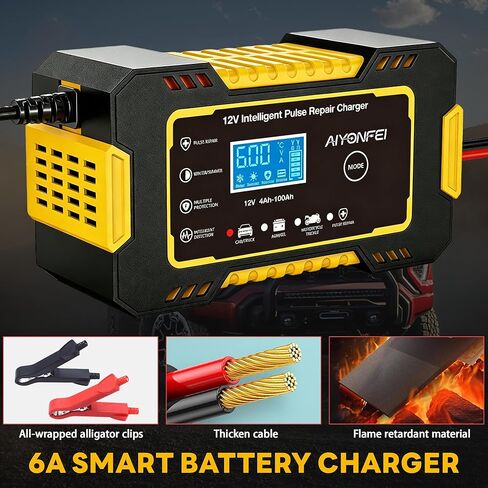 6A Battery Charger 12V Smart Battery Maintainer Trickle Charger and Car Battery Desulfator with Temperature Compensation for Car Truck Motorcycle Lawn Mower Boat (Yellow) in Kuwait