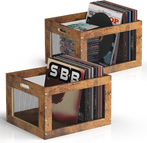 2 Pack Record Storage Box Stackable Vinyl Record Holder Large Capacity Record Crate for Albums, Books, Sheet Music, Rustic Brown in Saudi Arabia