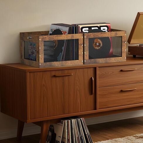 2 Pack Record Storage Box Stackable Vinyl Record Holder Large Capacity Record Crate for Albums, Books, Sheet Music, Rustic Brown in Saudi Arabia