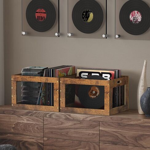 2 Pack Record Storage Box Stackable Vinyl Record Holder Large Capacity Record Crate for Albums, Books, Sheet Music, Rustic Brown in Saudi Arabia