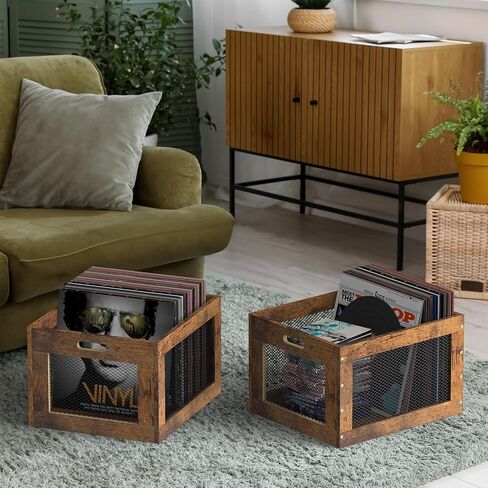 2 Pack Record Storage Box Stackable Vinyl Record Holder Large Capacity Record Crate for Albums, Books, Sheet Music, Rustic Brown in Saudi Arabia
