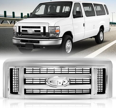 Chrome Grille Assembly for Ford E250 E350 E450 E550 2008-2014, Direct Fit Replacement with Mounting Brackets, OE-Quality Triple Chrome Finish in Saudi Arabia