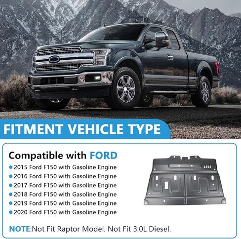 ترقية درع لوحة سبلاش من الصلب المنغنيز متوافق مع 2015-2020 Ford F150 مع لوحة سفلية لمحرك البنزين لا تناسب طراز Raptor / 3.0L ديزل أمامي أسفل غطاء محرك السيارة السفلي ML3Z-7222-D in Kuwait