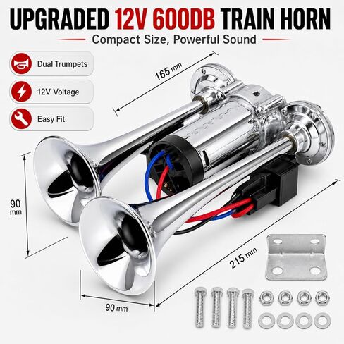 12V 600DB Upgraded Train Horn for Truck, Super Loud Electric Air Horn Kit with Compressor for Car, Impact Train, Lorry, Pickup, Boat, Motorcycle, Electric Horn Blows Loudly, SUV, Polished Silver in Saudi Arabia