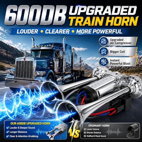 12V 600DB Upgraded Train Horn for Truck, Super Loud Electric Air Horn Kit with Compressor for Car, Impact Train, Lorry, Pickup, Boat, Motorcycle, Electric Horn Blows Loudly, SUV, Polished Silver in Saudi Arabia