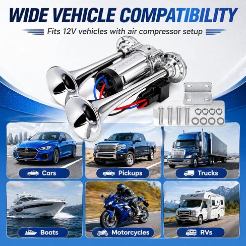 12V 600DB Upgraded Train Horn for Truck, Super Loud Electric Air Horn Kit with Compressor for Car, Impact Train, Lorry, Pickup, Boat, Motorcycle, Electric Horn Blows Loudly, SUV, Polished Silver in Saudi Arabia