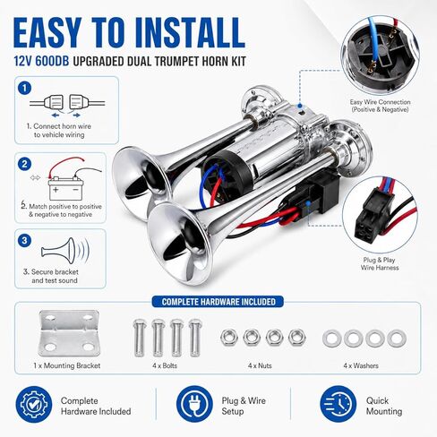 12V 600DB Upgraded Train Horn for Truck, Super Loud Electric Air Horn Kit with Compressor for Car, Impact Train, Lorry, Pickup, Boat, Motorcycle, Electric Horn Blows Loudly, SUV, Polished Silver in Saudi Arabia