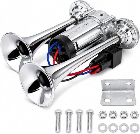 12V 600DB Upgraded Train Horn for Truck, Super Loud Electric Air Horn Kit with Compressor for Car, Impact Train, Lorry, Pickup, Boat, Motorcycle, Electric Horn Blows Loudly, SUV, Polished Silver in Saudi Arabia