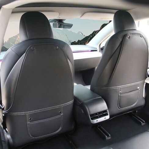 Seat Back Kick Protector Compatible with Tesla Model 3 2017-2025/ Model Y 2021-2025 Accessories, Leather Anti-scratch Kick Mat Cover with Organizer Pocket Black Seatback Protector for Kids Pets in Kuwait