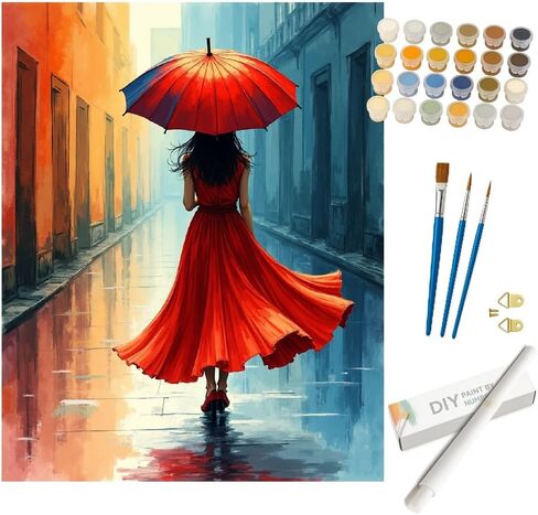 City Street Paint by Numbers Kit for Adults - DIY Woman with Red Umbrella Painting on Canvas 16x20In, Acrylic Paint Set, Suitable for Beginners, Art for Home Decoration or Gifts in Saudi Arabia