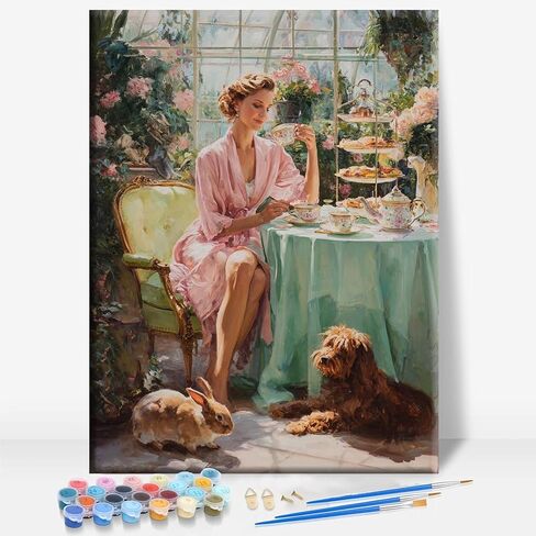HUINORYA Woman in White Dress Relaxing ON Garden Bench Lady Framed Canvas DIY Paint by Numbers Kit Bar Cafe Cave Home Room Wall Bathroom Porch Patio Decor Gift, 16 x 12 Inch in Saudi Arabia