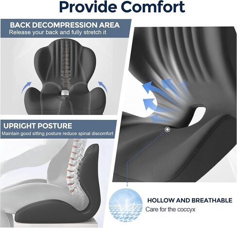 Seat Cushion for Office Chair and Car, L-Shaped Ergonomic Seat Cushions,Memory Foam Orthopedic Cushion with Coccyx Hollow,Lumbar Support & Tailbone Pain Relief for Car, Truck, Home,Gaming Chair,Gray in Saudi Arabia