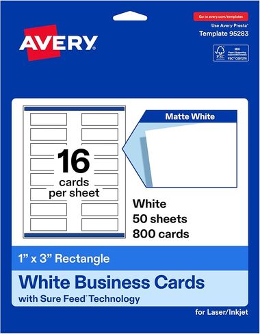 بطاقات عمل Avery Rectangle، تقنية Sure Feed، 1 بوصة × 3 بوصة، أبيض غير لامع، طباعة على الحافة، متوافقة مع الليزر ونفث الحبر، إجمالي 400، رائعة للعلامة التجارية للمنتجات والتسويق والمزيد in Kuwait