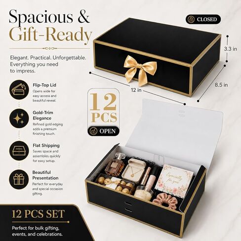 Joyvera 12 Pack Black Gift Boxes with Lids, 12 x 8.5 x 3.3 Inches Groomsmen Proposal Box, Luxury Gift Boxes with Ribbon for Wedding, Birthday, Bridesmaid, Christmas in Saudi Arabia