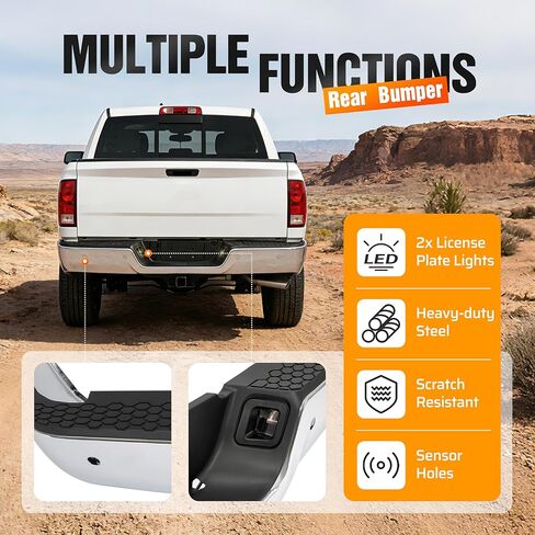 ALMULOO Split-type Rear Step Bumper Compatible with 2009-2019 Dodge Ram 1500 2500 3500 w/Sensor Holes&License Plate Lights Steel+Plastic Chrome+Powder Coated Replacement for CH1103122 in Kuwait