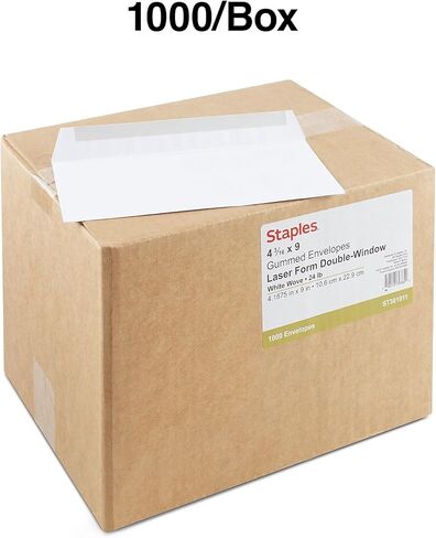 Staples 4 3/16 x 9 مظاريف أعمال بيضاء مصقولة، مظاريف بريدية قياسية للمكتب، 2000/كرتون in Kuwait