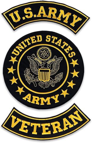 us Army Veteran Embroidered Patch Set - 3-Piece Large Gold & Black Tactical Military Emblem - Premium Iron-On or Sew-On Back Patches for Biker Vests, Jackets, and Gear in Kuwait