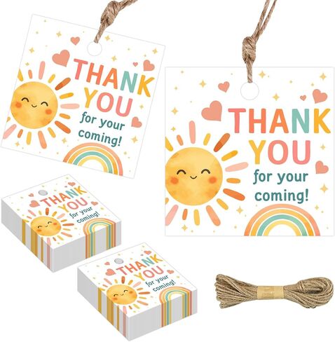50 Pcs Round First Trip Around The Sun Thank You Tags, Sunshine Rainbow Theme Paper Gift Tags with Jute Twine for 1st Birthday Party Favors, Thank You for Coming! Decoration Supplies in Saudi Arabia