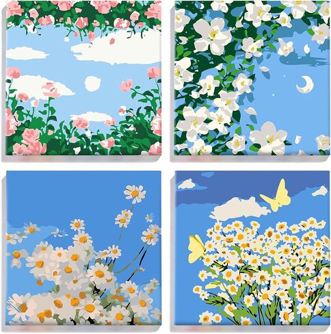 YONEYO 4 عبوات من الطلاء المؤطر بالأرقام للبالغين، لوحة قماشية من الأكريليك لحيوان Kawaii وأرنب لطيف مع حامل، ديكور فني جداري زهري سهل الصنع، 8 × 8 بوصة in Kuwait