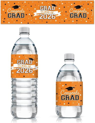 DISTINCTIVS Orange Graduation Water Bottle Labels – 20 Count – Waterproof – Class of 2026 Graduation Party Favors – High School and College Open House in Kuwait