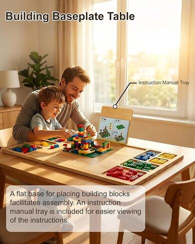 Building Baseplate Table Fit for Lego, Wooden 360° Rotation Building Tray Table with Spill Prevention and Sorting Design, Suitable for Card Games, Puzzles and Building Block Creations in Saudi Arabia