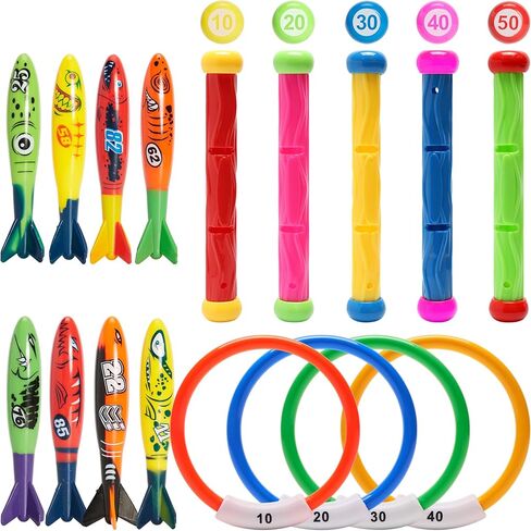 PARENTSWELL 17 Pcs Pool Diving Toys for Kids Adults, Swimming Pool Toy Set Includes 8 Dive Torpedos, 5 Diving Sticks & 4 Diving Rings for Swim Pool Games, Water Fun Games in Kuwait