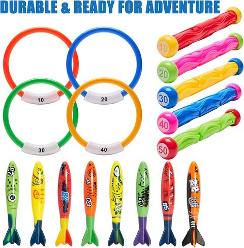 PARENTSWELL 17 Pcs Pool Diving Toys for Kids Adults, Swimming Pool Toy Set Includes 8 Dive Torpedos, 5 Diving Sticks & 4 Diving Rings for Swim Pool Games, Water Fun Games in Kuwait