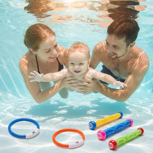 PARENTSWELL 17 Pcs Pool Diving Toys for Kids Adults, Swimming Pool Toy Set Includes 8 Dive Torpedos, 5 Diving Sticks & 4 Diving Rings for Swim Pool Games, Water Fun Games in Kuwait