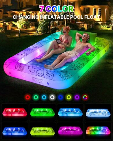 XL Inflatable Tanning Pool Float for 2 Adults with Lights,4 in 1 Suntan Tub Raft Float with Pillow, Cup Holders,85" X 59" Extra Large Blow Up Pool Floats for Sunbathing, Pool, Backyard, Beach, Lake in Saudi Arabia