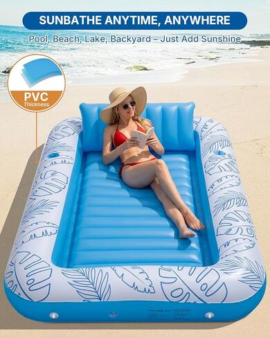 XL Inflatable Tanning Pool Float for 2 Adults with Lights,4 in 1 Suntan Tub Raft Float with Pillow, Cup Holders,85" X 59" Extra Large Blow Up Pool Floats for Sunbathing, Pool, Backyard, Beach, Lake in Saudi Arabia
