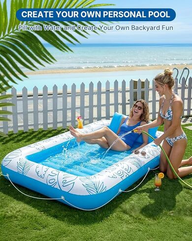 XL Inflatable Tanning Pool Float for 2 Adults with Lights,4 in 1 Suntan Tub Raft Float with Pillow, Cup Holders,85" X 59" Extra Large Blow Up Pool Floats for Sunbathing, Pool, Backyard, Beach, Lake in Saudi Arabia
