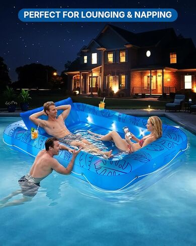 XL Inflatable Tanning Pool Float for 2 Adults with Lights,4 in 1 Suntan Tub Raft Float with Pillow, Cup Holders,85" X 59" Extra Large Blow Up Pool Floats for Sunbathing, Pool, Backyard, Beach, Lake in Saudi Arabia