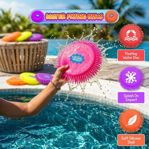 4E's Novelty 6 Pack Water Splash Discs, Throw & Catch Game, Absorbs Water 6.5" Floating Saucer, Reusable Splash Balls Bombs, Pool Toys that Float for Kids Adults, Beach Games, Outdoor Water Game in Kuwait