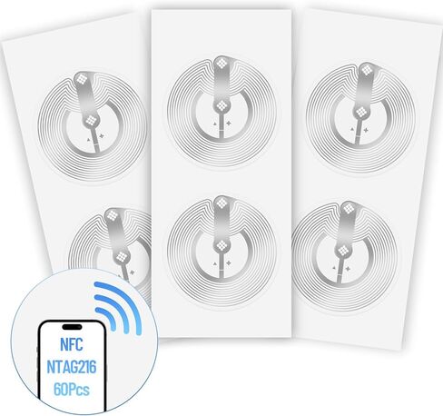 60 قطعة من علامات NFC NTAG216، ملصقات NFC قابلة للبرمجة مع ملصقات لاصقة - ذاكرة 888 بايت، علامات RFID قابلة لإعادة الكتابة، تعمل مع جميع الهواتف الذكية والأجهزة التي تدعم تقنية NFC (رطبة 25 مم) in Kuwait