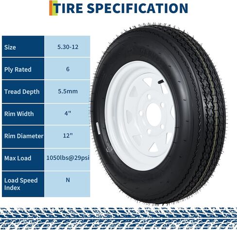 Durable Trailer Tires and 5-Lug Wheels Set - 5.30-12, Load Range C, 6PR, White Rim Assembly for Utility, Boat, Camper Trailers - 12-Inch, PCD 114.3x5, Center Hole 72mm in Saudi Arabia