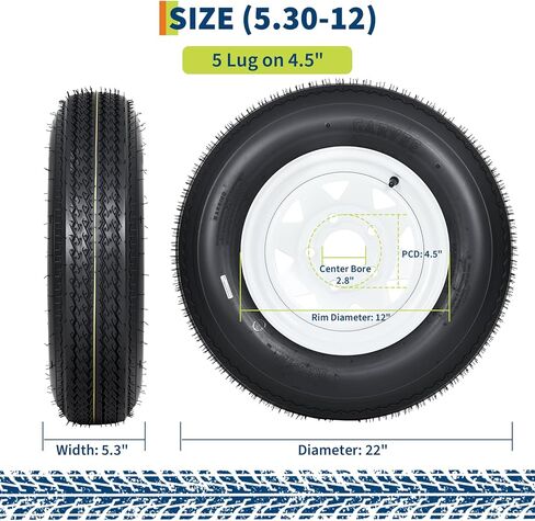 Durable Trailer Tires and 5-Lug Wheels Set - 5.30-12, Load Range C, 6PR, White Rim Assembly for Utility, Boat, Camper Trailers - 12-Inch, PCD 114.3x5, Center Hole 72mm in Saudi Arabia