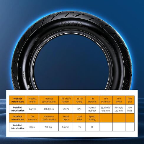إطار دراجة نارية خلفي من Garvee 150/80-16، بدون أنبوب 4PR 71H، جدار أسود، إطار شارع عالي الأداء للطرادات والتجول، قبضة معززة، ارتداء طويل، يناسب إطارات مقاس 16 بوصة in Kuwait
