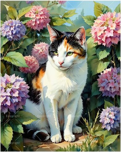 TAOPAOLAB Calico Cat in Garden Paint by Numbers Kit for Adults - DIY Tricolor Cat with Hydrangeas Painting on Canvas 16x20In, Acrylic Paint Set, Suitable for Beginners, Art for Home Decoration/Gifts in Kuwait